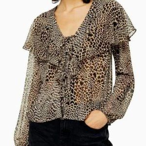Topshop Leopard Heart Print Ruffle Tie Front Blouse